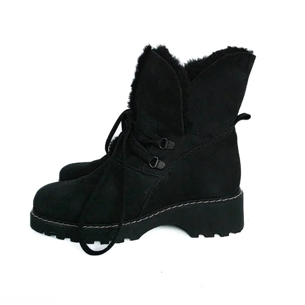 La Canadienne Shearling Lace Up Booties Womens 6.5 M Black Square Toe Waterproof